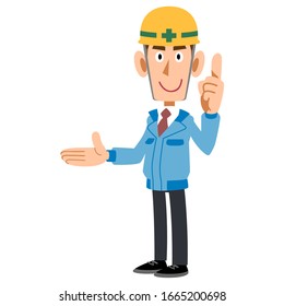 Un hombre en un lugar de construcción presenta su mano derecha con el dedo índice arriba