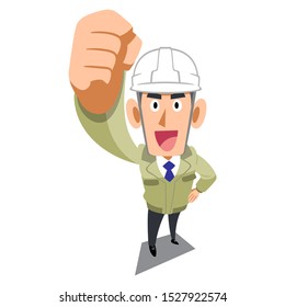 A man in a construction store wearing a helmet holding a fist