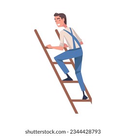 Cargador de ascenso de personajes de trabajadores de la construcción de un hombre que participa en la ilustración del vector de reparación de techo