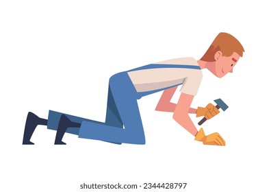 Carácter de trabajador de construcción de hombre con martillo involucrado en la ilustración del vector de reparación de techo