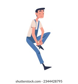 Man Construction Worker Character Sitting with Pliers Engaged in Roof Repair Vector Illustration