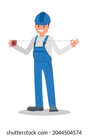 A man is a construction worker in overalls in the workplace with a tool in his hands. Vector illustration.