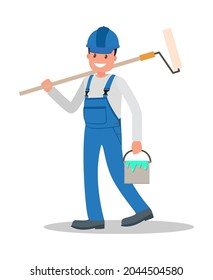 A man is a construction worker in overalls in the workplace with a tool in his hands. Vector illustration.