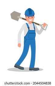 Ein Mann ist ein Bauarbeiter in Overalls am Arbeitsplatz mit einem Werkzeug in den Händen. Vektorgrafik.