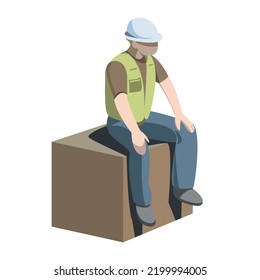 A man, a construction worker, is sitting on a cube with his legs dangling.