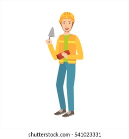 Man Construction Worker With Trowel And Brick, Part Of Happy People And Their Professions Collection Of Vector Characters
