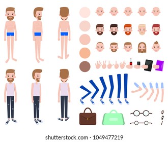 Man constructor cartoon character in pants and home cloth with bent legs and arms, different hairstyles, animated character and accessories vector