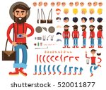 Man constructor. Man with photograph and bag. Separate part of male person. Icons with different emotions on face. Various types of faces. Front, side, back view of man. Bended hands, legs. Vector