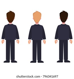 Man constructor set of cartoon characters in classic suit, with different hairstyle and color, vector illustration isolated, back view males flat style
