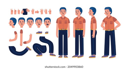 Man constructor set of isolated male characters different views with icons of facial emotions hand gestures vector illustration