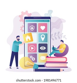 Man constructs app interface. Team creates custom design for mobile application. Different applications icons on smartphone screen. Concept of ui ux design and customization. Flat vector illustration