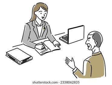 man consult with woman lawyer hand drawing illustration, vector