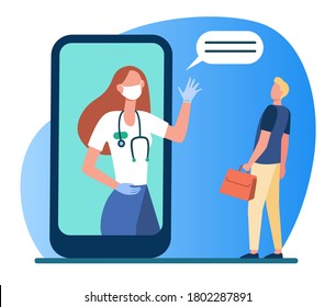 Man consulting doctor in mask online. Patient, speech bubble, smartphone screen flat vector illustration. Internet, medical help, consultation concept for banner, website design or landing web page