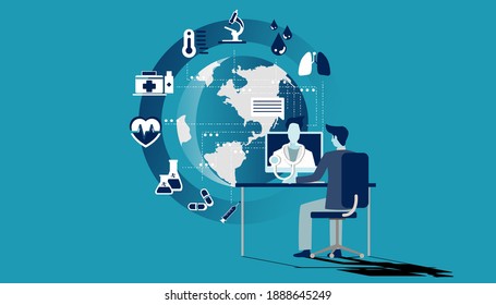  man consulting a doctor online using his computer, telemedicine and online doctor concept illustration.