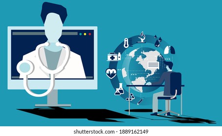  hombre consultando a un doctor en línea usando su computadora, telemedicina y la ilustración de concepto de doctor en línea.
