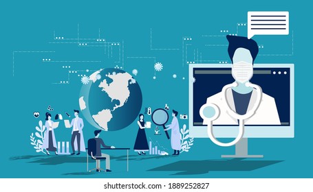  man consulting a doctor online using his computer, telemedicine and online doctor concept illustration.