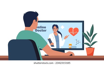 Hombre consultando a un doctor en línea usando su computadora, telemedicina y concepto de doctor en línea. Videollamada reunión con médicos en casa. Médico en línea hablando con un paciente. Ilustración del vector