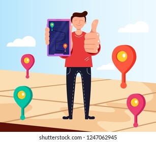 Man consumer character holding smartphone and tracking order. Delivery online shopping shipment concept. Vector flat cartoon design graphic isolated illustration