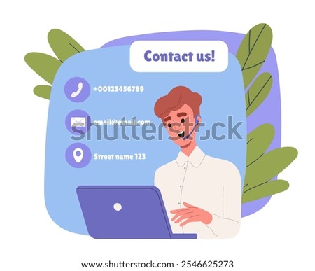 Man with contact us form. Young guy in headset with computer. Answers to frequently asked questions. Communication on internet. Flat vector illustration isolated on white background
