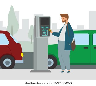 Man in a contactless way pays for car parking place. Wireless contactless cashless payments validator flat vector illustration. Wireless technology concept in city infrastructure.