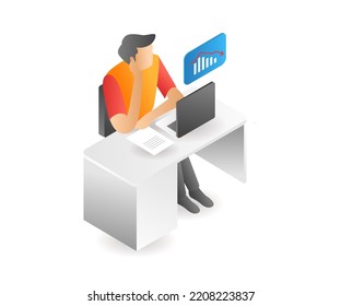Man contemplating declining business in isometric flat illustration