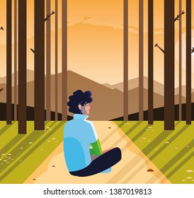 man contemplating horizon in the forest scene