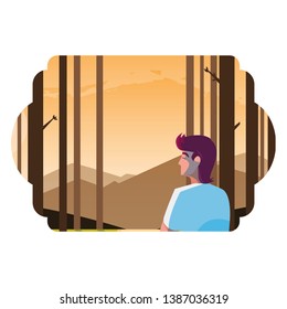 man contemplating horizon in the forest scene