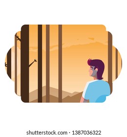 man contemplating horizon in the forest scene