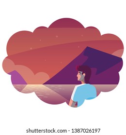 man contemplating horizon in lake and mountains scene