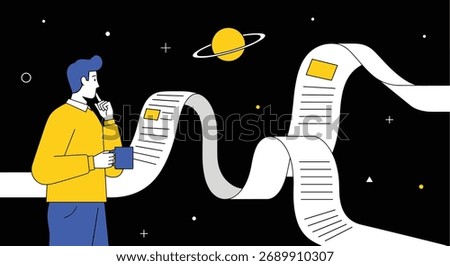 Man contemplating a long scrolling list in outer space.