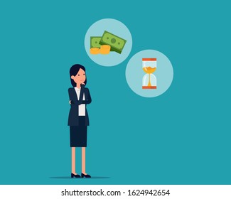 Man contemplating money and time. Question and Thinking concept. Vector illustration in cartoon concept
