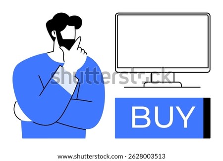 Man contemplating an online purchase beside a computer screen and a prominent BUY button. Ideal for e-commerce, online shopping, digital marketing, decision making, consumer behavior, web design
