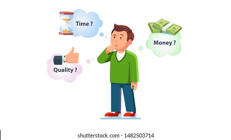 Man contemplating over conflicting interrelated values triangle. Time, cost or quality question concept. Guy question think on controversy of money, time and quality. Flat vector character illustration 