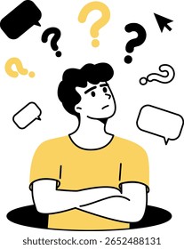 Hombre en contemplación con signos de interrogación sobre su cabeza buscando ideas y soluciones