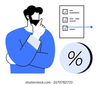 Ein Mann in einer kontemplativen Pose, der eine Checkliste und ein Prozentsymbol analysiert. Ideal für Produktivität, Analyse, Entscheidungsfindung, Planung, finanzielle Einblicke, Zielsetzung, Geschäftsstrategien. Zeile
