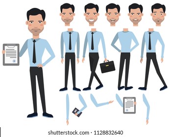 Man with contract character set with different poses, emotions, gestures. Animation constructor, front, back and side view. Can be used for topics like contractor, closer, agreement, manager