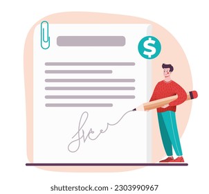 Man with contract. Young guy with pencil signs document. Metaphor for successful negotiations and making business deal. Corporate agreement and policies. Cartoon flat vector illustration