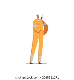 Man Contractor Architect Working on Building Construction Site, Builder Male Character Holding Walkies- Talkie, Communicate with Radio Isolated on White Background. Cartoon People Vector Illustration