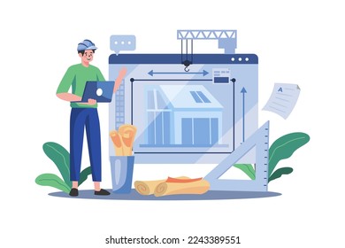 Man Contractor Working On Laptop Illustration concept on white background