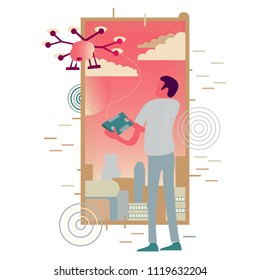 Man in control of a drone. Vector illustration of leadership. Flat design for web.