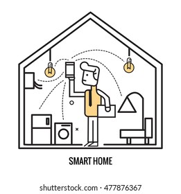 Man control home electronic by smart device. smart home and internet of thing concept. flat line design elements. vector illustration