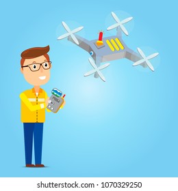 A man to control multi rotor copter or drone by remote control , flat cartoon illustrator vector design