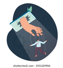 Man controlled by phone as puppet. Internet or news controlling person flat vector illustration. Social media, propaganda, technology dependency concept for banner, website design or landing web page