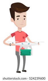 Mann, der die Lieferdrohne mit Postverpackung kontrolliert. Man bekommt Postpakete aus der Lieferdrohne. Mann schickt Paket mit Lieferdrohne. Vektorgrafik mit flachem Design, einzeln auf weißem Hintergrund.
