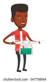 Man controlling delivery drone with post package. Man getting post package from delivery drone. Man sending parcel with delivery drone. Vector flat design illustration isolated on white background.