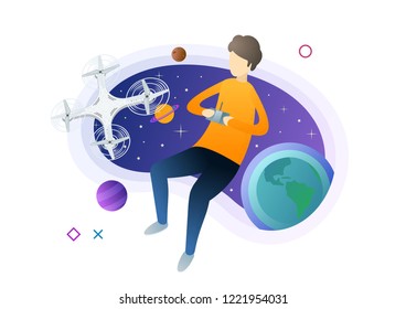 Man controlling drone via control panel. Quadcopter in virtual reality. Modern style vector illustration for landing page, website, banners and presentation.