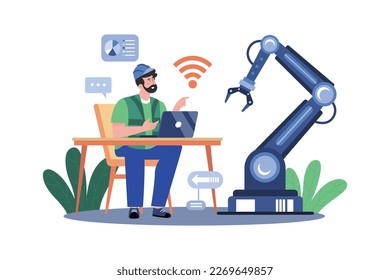 Man Controlling Factory Robot With Laptop