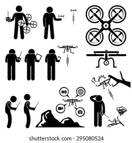 Man Controlling Flying Drone Quadcopter Stick Figure Pictogram Icons