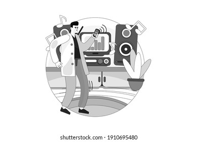 Mann, der das Musiksystem im Haus kontrolliert. Flache Illustration einzeln auf weißem Hintergrund.