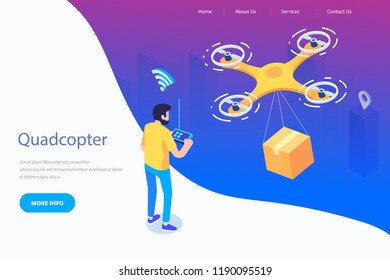 Man controlling quadcopter via VR headset. Drone delivery service concept. Modern flat design. 3d vector isometric illustration.